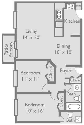 Floor plan for 2 beds, 1.5 baths, 1075 sqft